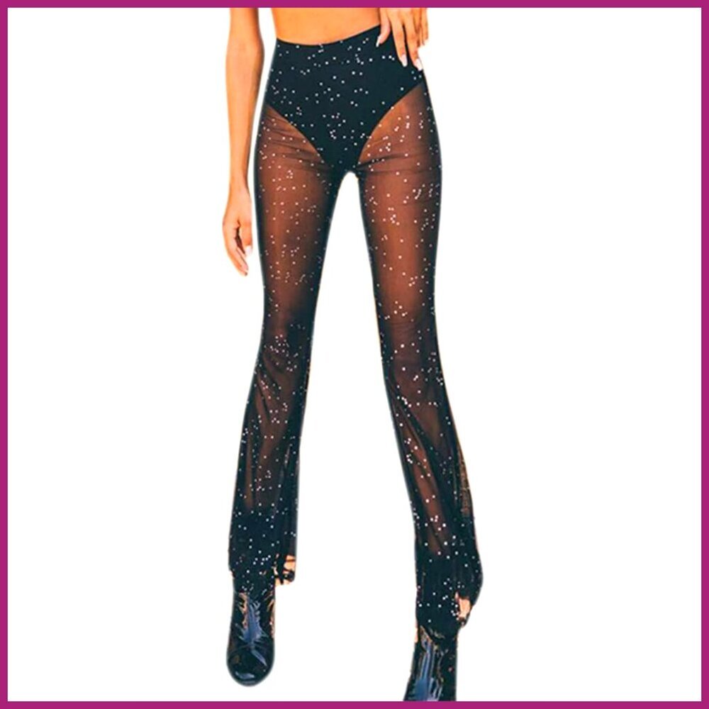 Sheer Mesh Polyester Pants High Waist Bell Bottom Dance Clubwear